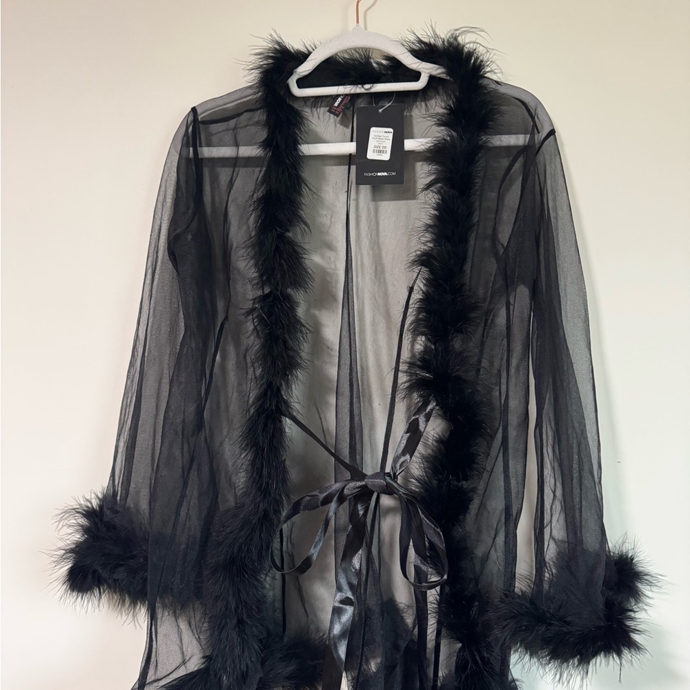 Fashion Nova Black Sheer Robe with Feather Accents